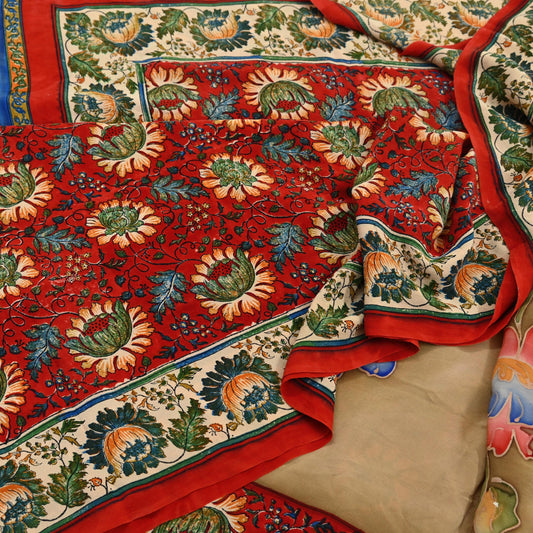 Indian Vintage Sari Red & Beige Pure Crepe Silk Printed Sarees 5yd Sewing Craft Fabric  Floral Soft Wrap Dress making Upcycle Quilting