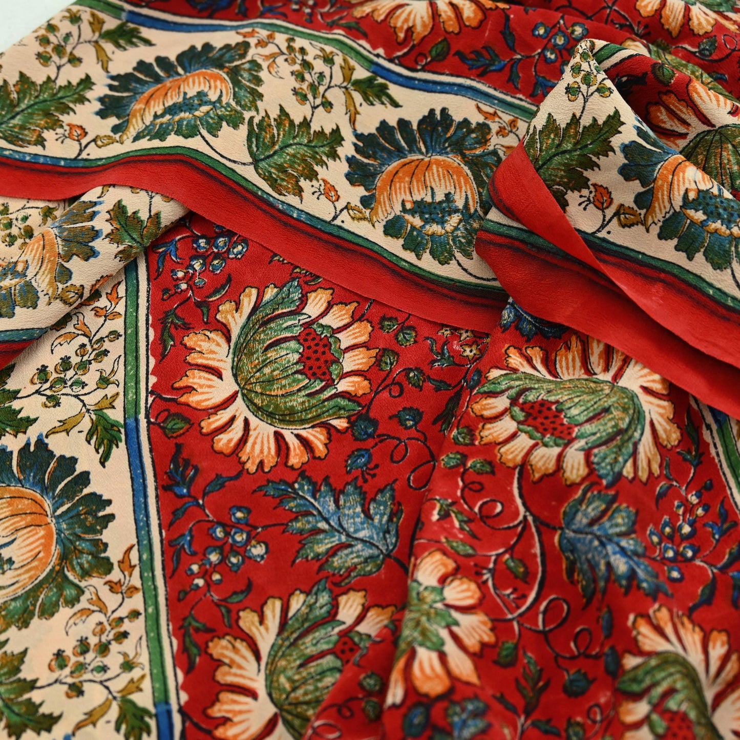 Indian Vintage Sari Red & Beige Pure Crepe Silk Printed Sarees 5yd Sewing Craft Fabric  Floral Soft Wrap Dress making Upcycle Quilting