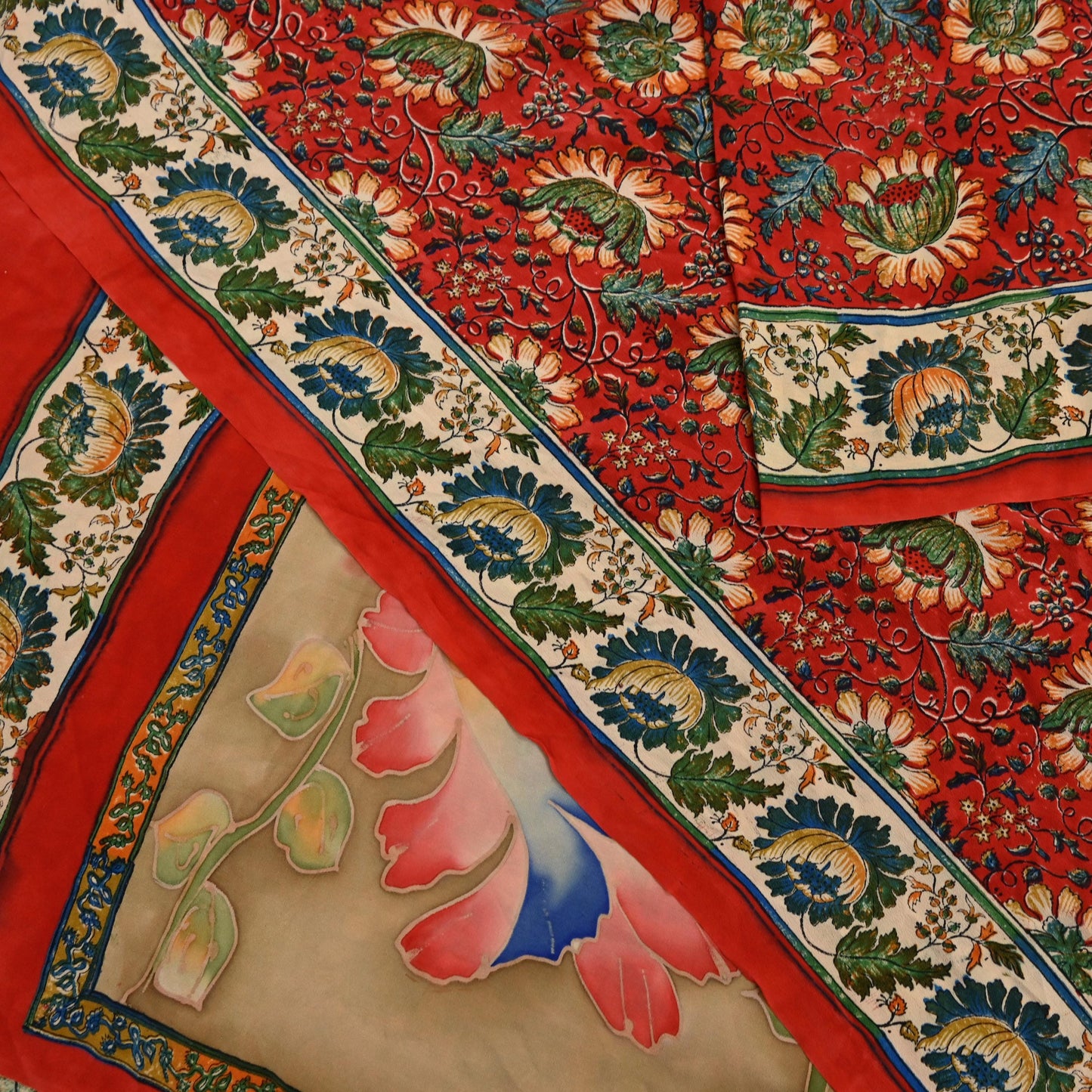Indian Vintage Sari Red & Beige Pure Crepe Silk Printed Sarees 5yd Sewing Craft Fabric  Floral Soft Wrap Dress making Upcycle Quilting