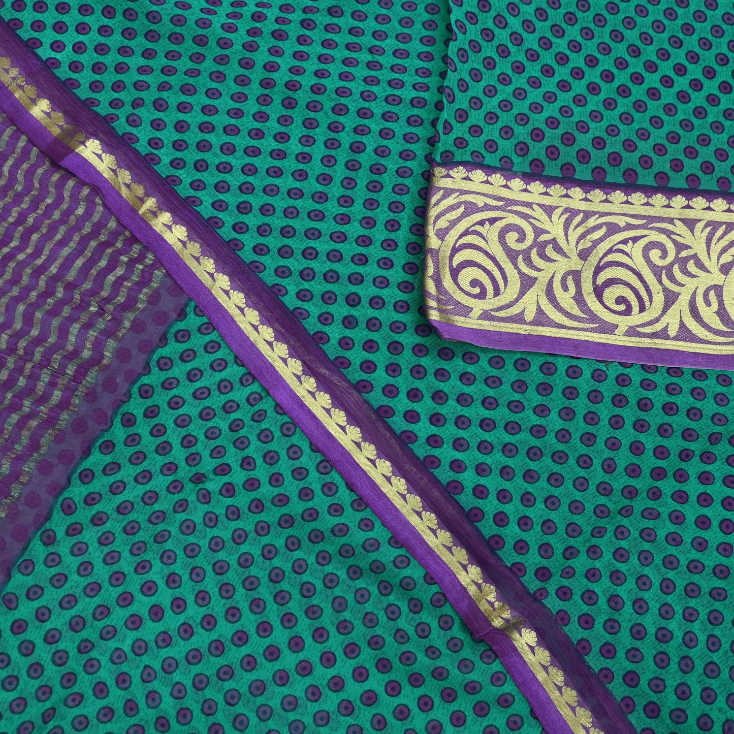 Indian Vintage Sari Green & Purple Pure Chiffon Silk Printed Sarees 5Yd Craft Fabric Sewing Soft Zari Border Dress Making Upcycle Quilting