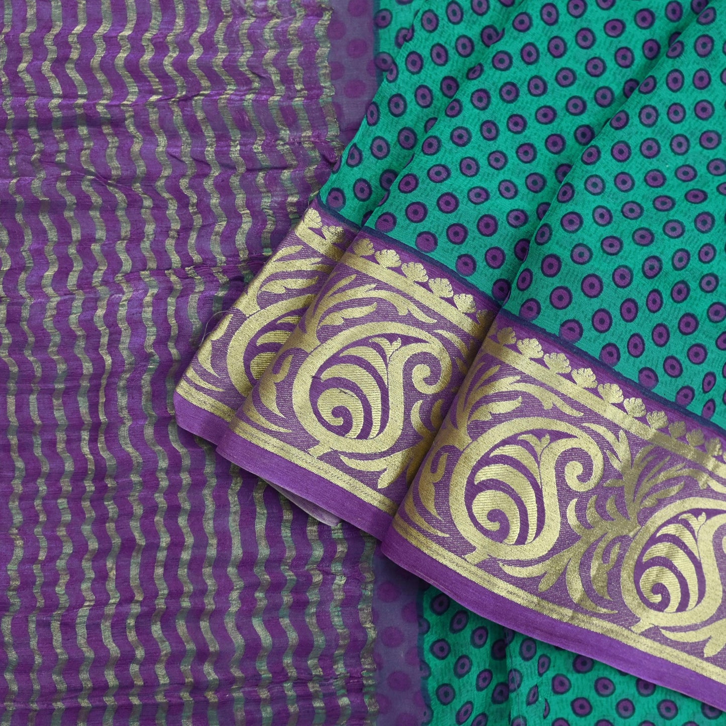 Indian Vintage Sari Green & Purple Pure Chiffon Silk Printed Sarees 5Yd Craft Fabric Sewing Soft Zari Border Dress Making Upcycle Quilting
