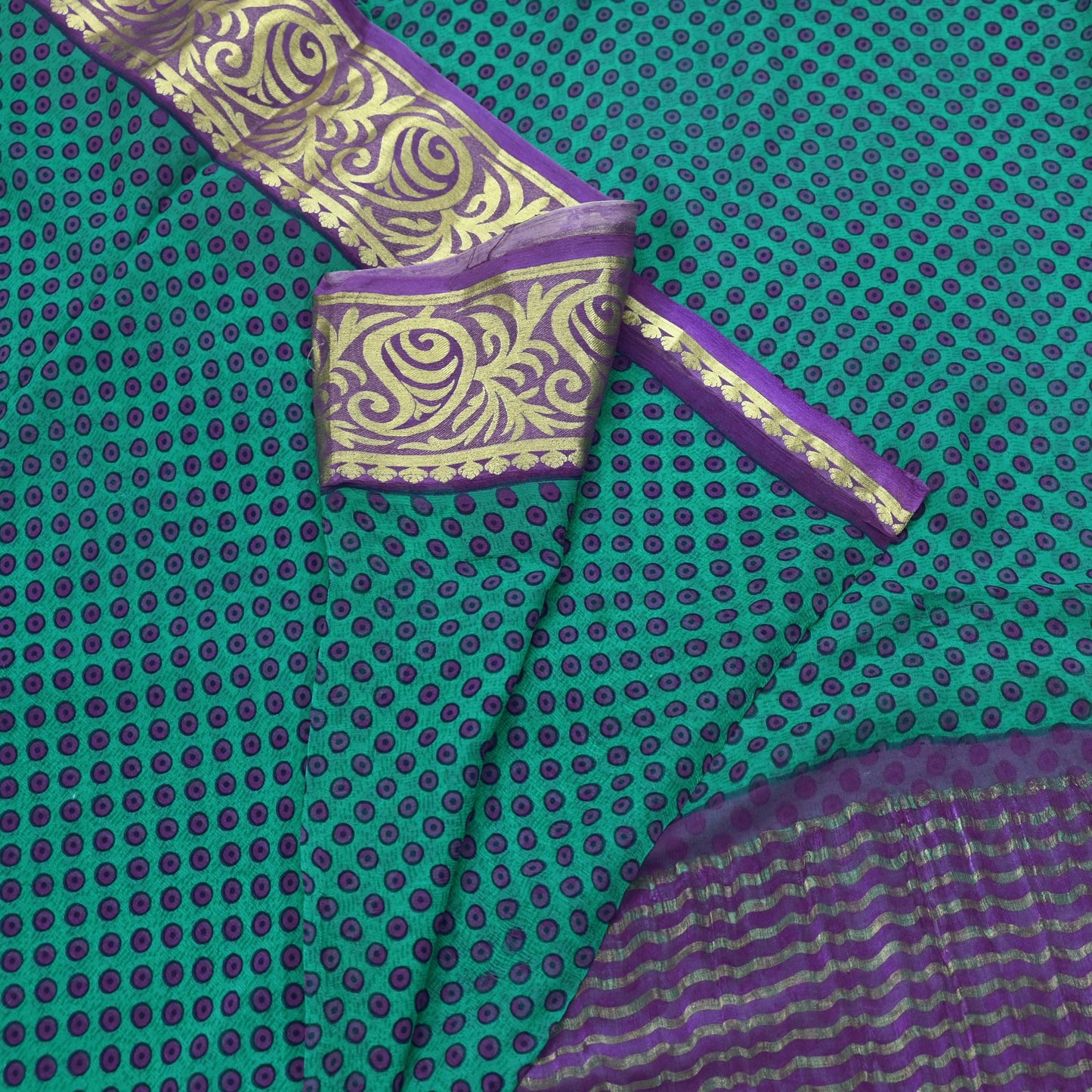 Indian Vintage Sari Green & Purple Pure Chiffon Silk Printed Sarees 5Yd Craft Fabric Sewing Soft Zari Border Dress Making Upcycle Quilting