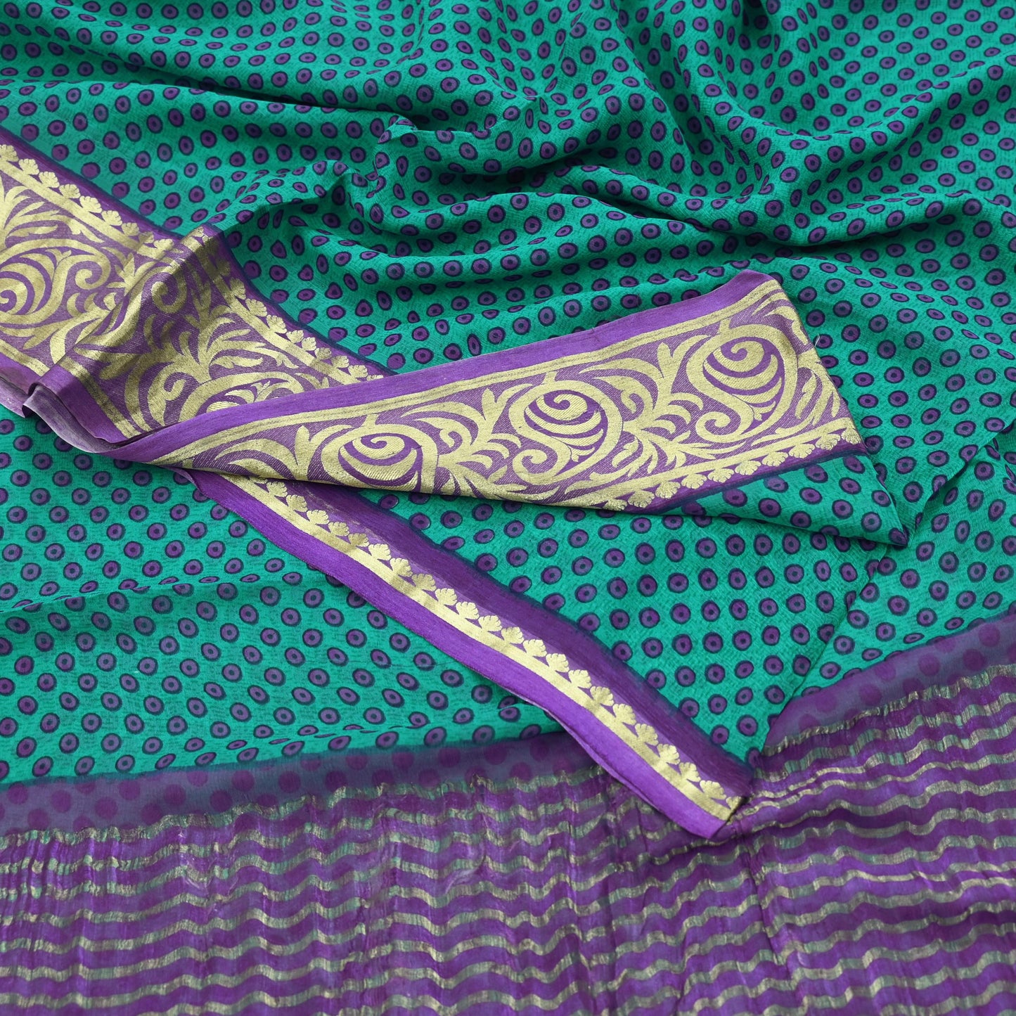 Indian Vintage Sari Green & Purple Pure Chiffon Silk Printed Sarees 5Yd Craft Fabric Sewing Soft Zari Border Dress Making Upcycle Quilting