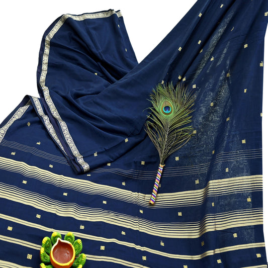 Indian Vintage Sari Blue Pure Cotton Hand Woven Sarees Craft Fabric 5Yd Sewing Soft Crafting Dress making Upcycle Quilting