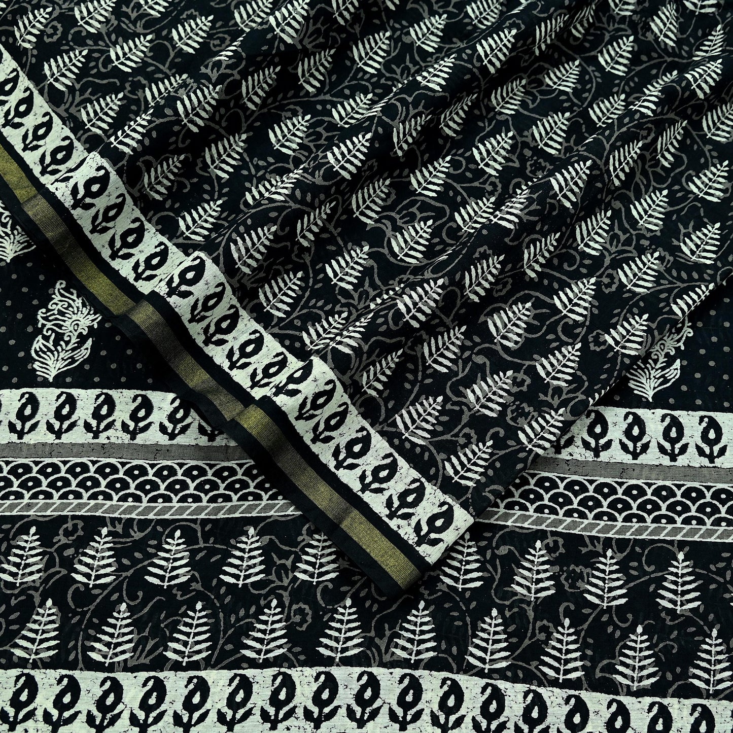 Indian Vintage Sari Black Pure chanderi Silk Bagru Printed Sarees Fabric 5Yd Floral Soft Golden Zari Border Ethnic Dress making Upcycle