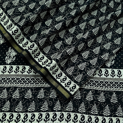 Indian Vintage Sari Black Pure chanderi Silk Bagru Printed Sarees Fabric 5Yd Floral Soft Golden Zari Border Ethnic Dress making Upcycle