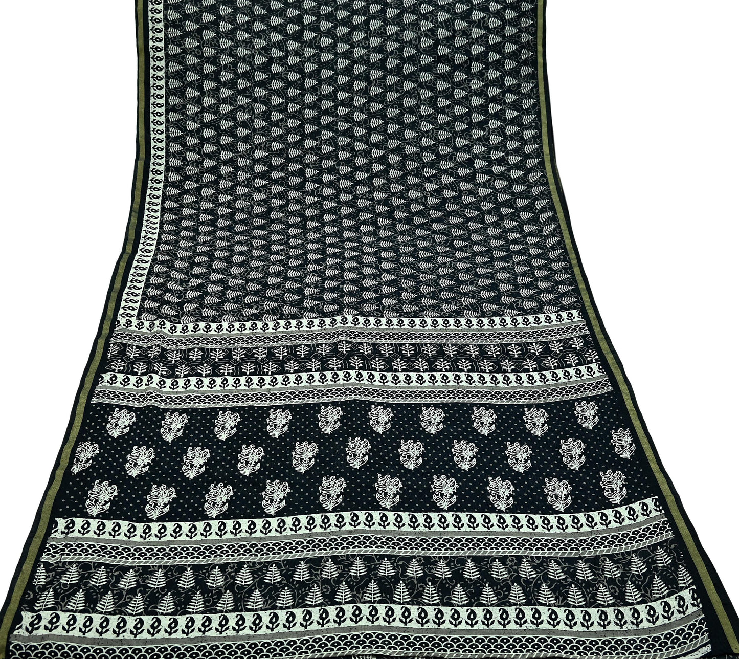 Indian Vintage Sari Black Pure chanderi Silk Bagru Printed Sarees Fabric 5Yd Floral Soft Golden Zari Border Ethnic Dress making Upcycle