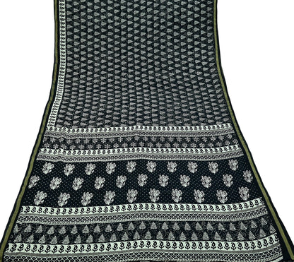 Indian Vintage Sari Black Pure chanderi Silk Bagru Printed Sarees Fabric 5Yd Floral Soft Golden Zari Border Ethnic Dress making Upcycle