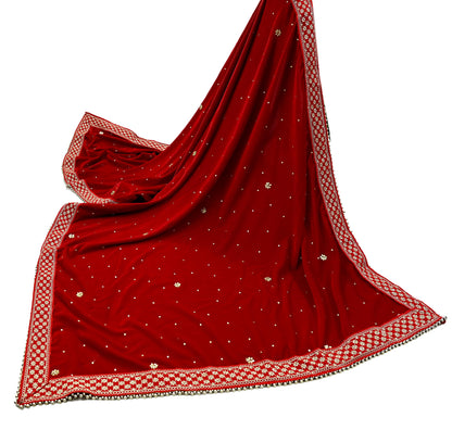 Indian Vintage Heavy Wedding Red Dupatta Velvet Long Stole Hand Embroidered Scarves Zari Hijab Veil Wrap Wedding dupatta