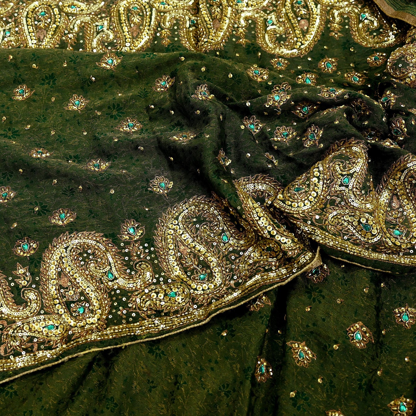 Indian Vintage Heavy Sarees Green Pure Georgette Silk Hand Embroidered Sari Fabric 5Yd Sewing Ethnic Zardozi/dabka zari Wedding sarees