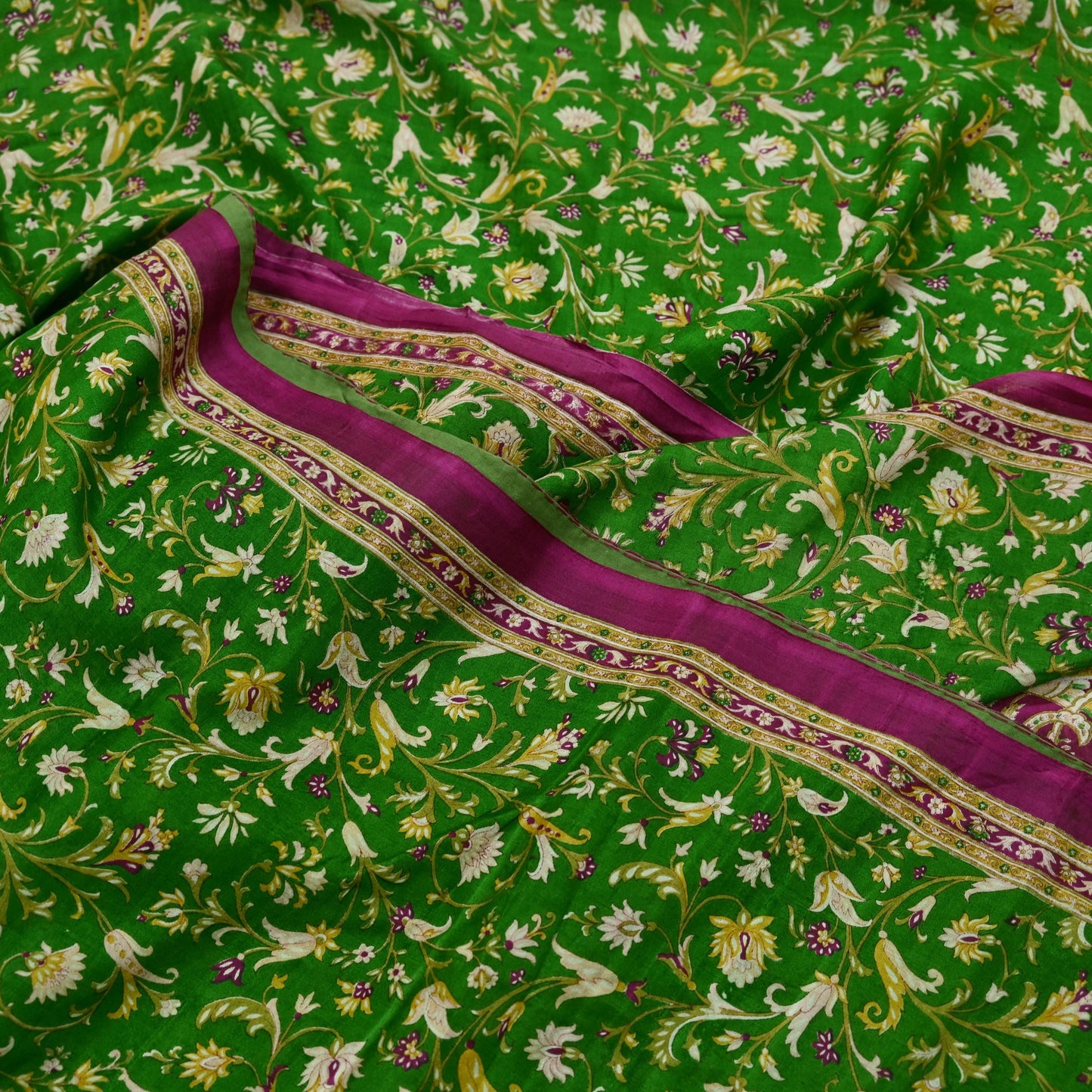 Indian Vintage Sari Purple & Green Pure Silk Printed Saree 6yd Sewing Quilting Craft Fabric Dress Making/ Designing Soft Upcycle Used Floral