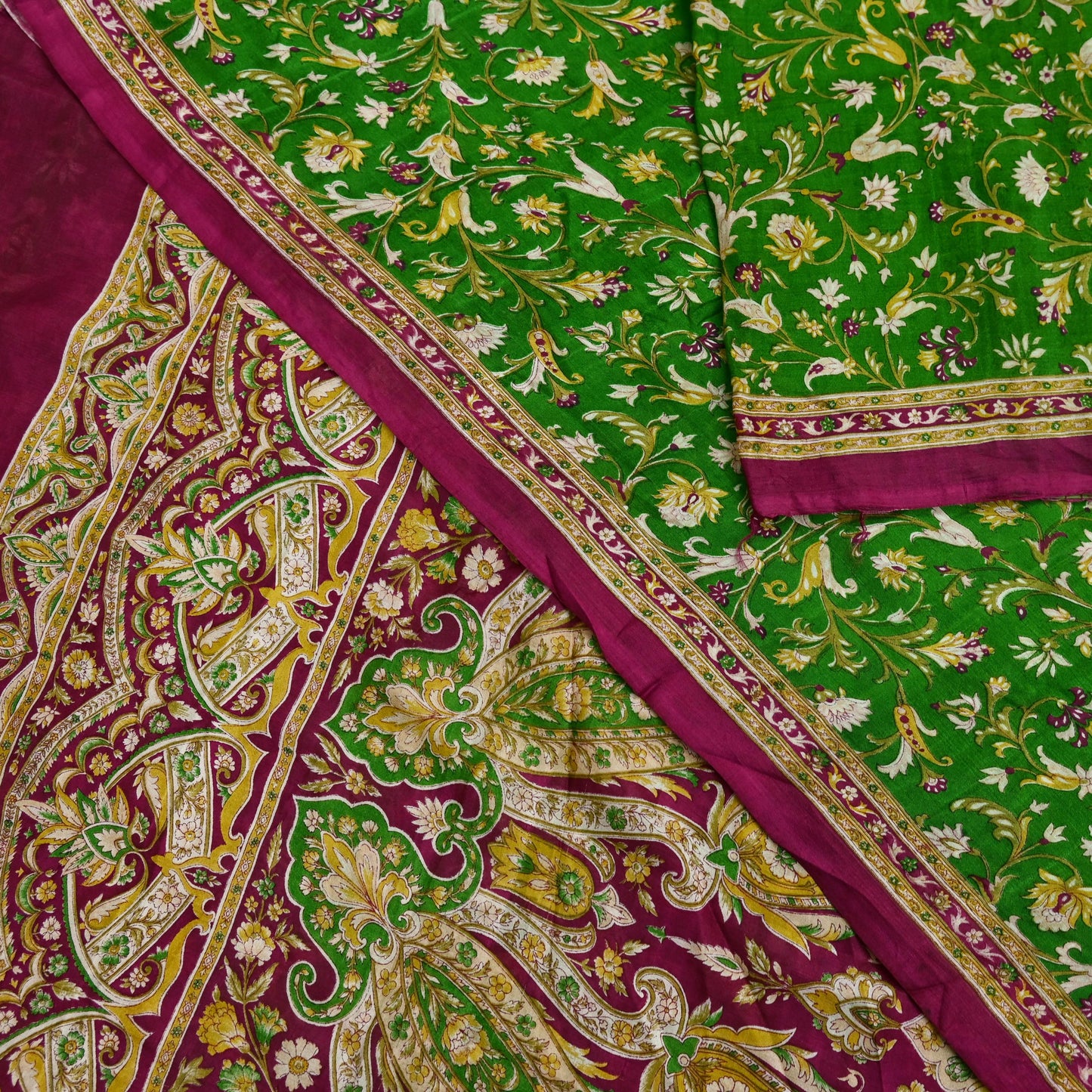 Indian Vintage Sari Purple & Green Pure Silk Printed Saree 6yd Sewing Quilting Craft Fabric Dress Making/ Designing Soft Upcycle Used Floral