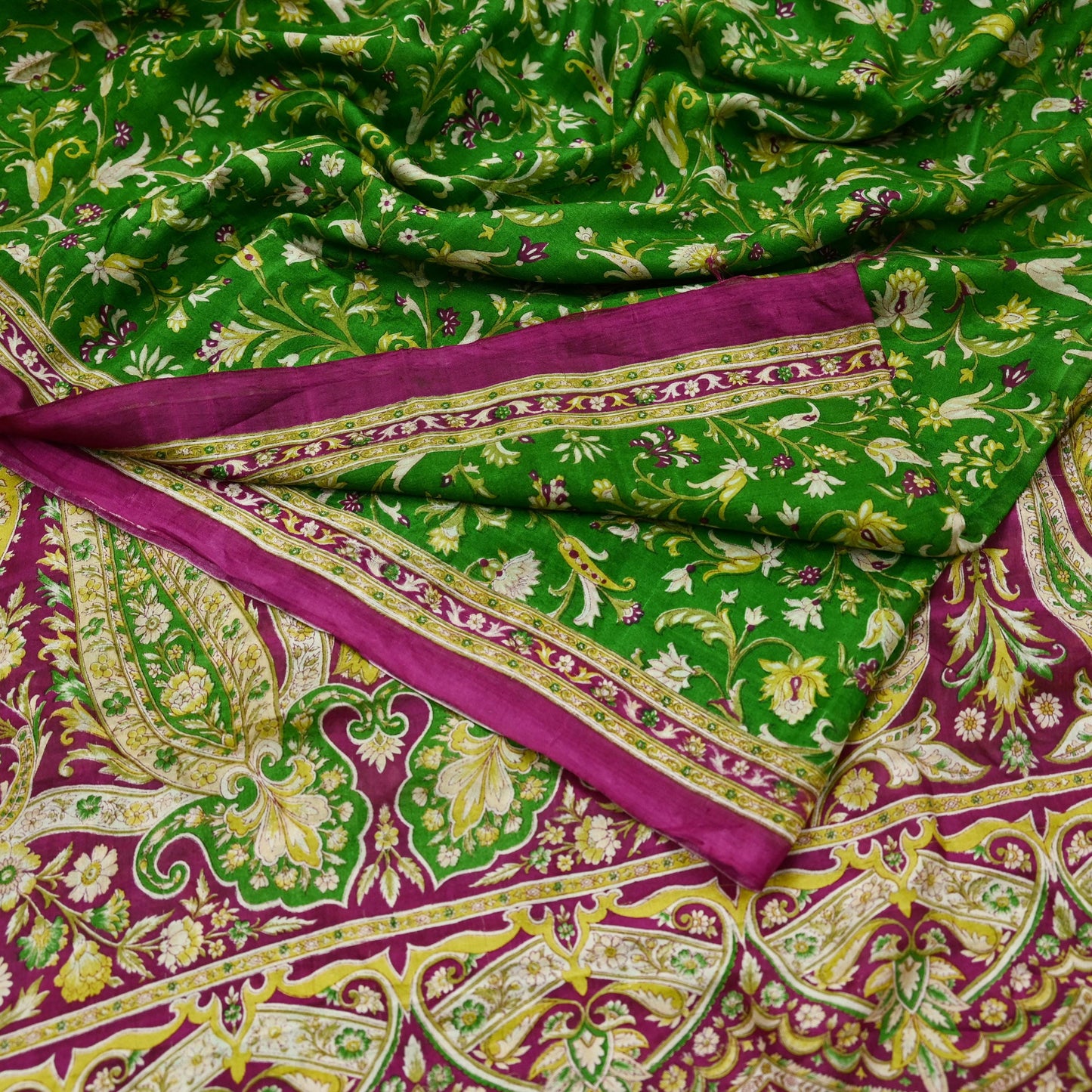 Indian Vintage Sari Purple & Green Pure Silk Printed Saree 6yd Sewing Quilting Craft Fabric Dress Making/ Designing Soft Upcycle Used Floral