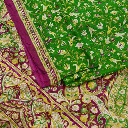 Indian Vintage Sari Purple & Green Pure Silk Printed Saree 6yd Sewing Quilting Craft Fabric Dress Making/ Designing Soft Upcycle Used Floral