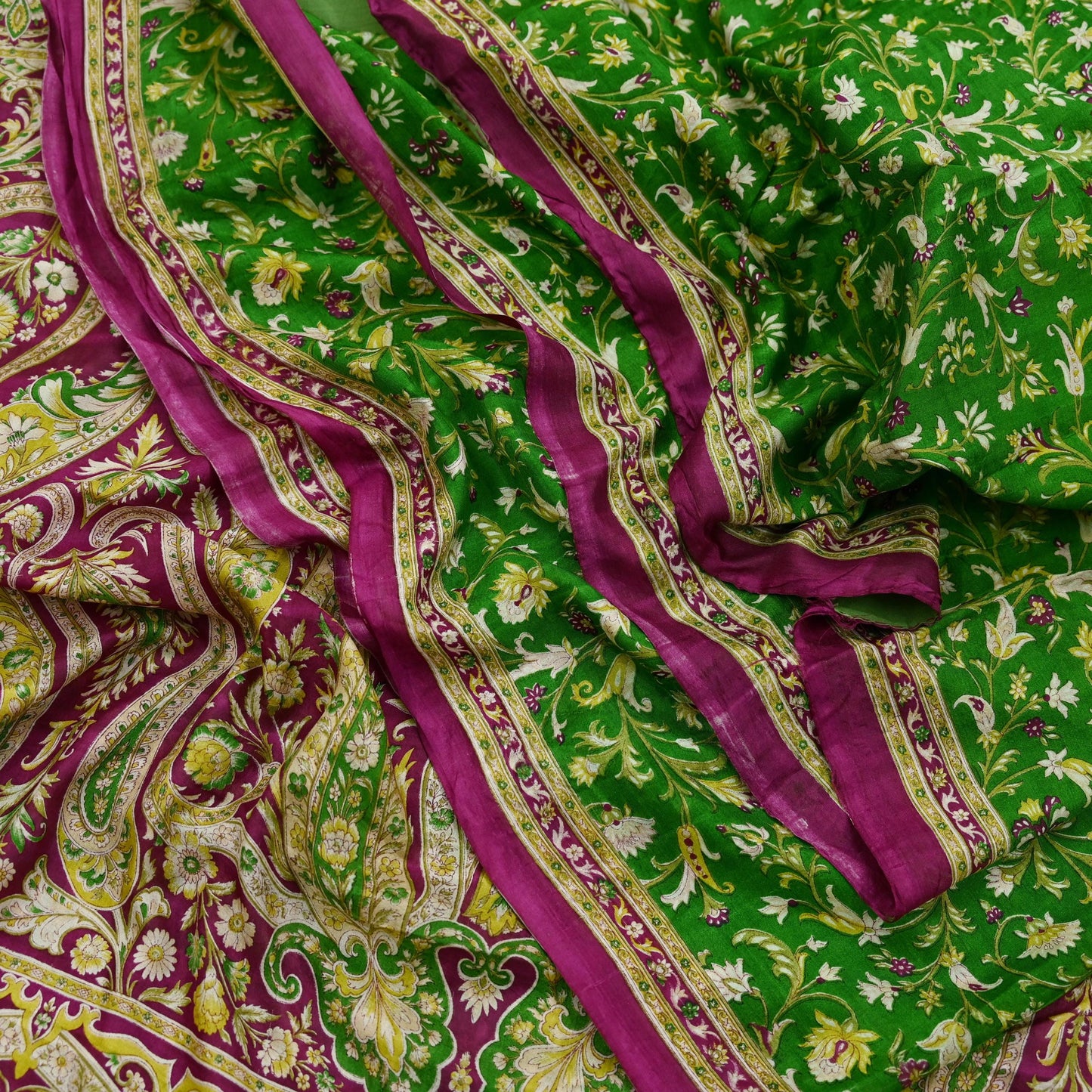 Indian Vintage Sari Purple & Green Pure Silk Printed Saree 6yd Sewing Quilting Craft Fabric Dress Making/ Designing Soft Upcycle Used Floral
