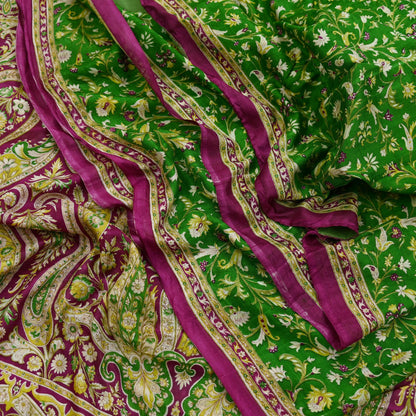 Indian Vintage Sari Purple & Green Pure Silk Printed Saree 6yd Sewing Quilting Craft Fabric Dress Making/ Designing Soft Upcycle Used Floral