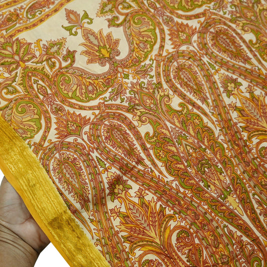 Indian Vintage Sari Ivory Pure Silk Printed Sarees Fabric 6yd Sewing Zari Border Craft Fabric DressMaking Soft Crafting Quilting