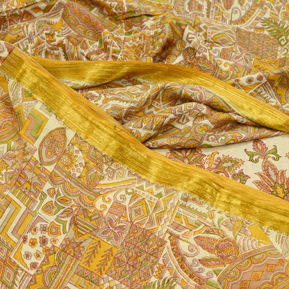Indian Vintage Sari Ivory Pure Silk Printed Sarees Fabric 6yd Sewing Zari Border Craft Fabric DressMaking Soft Crafting Quilting