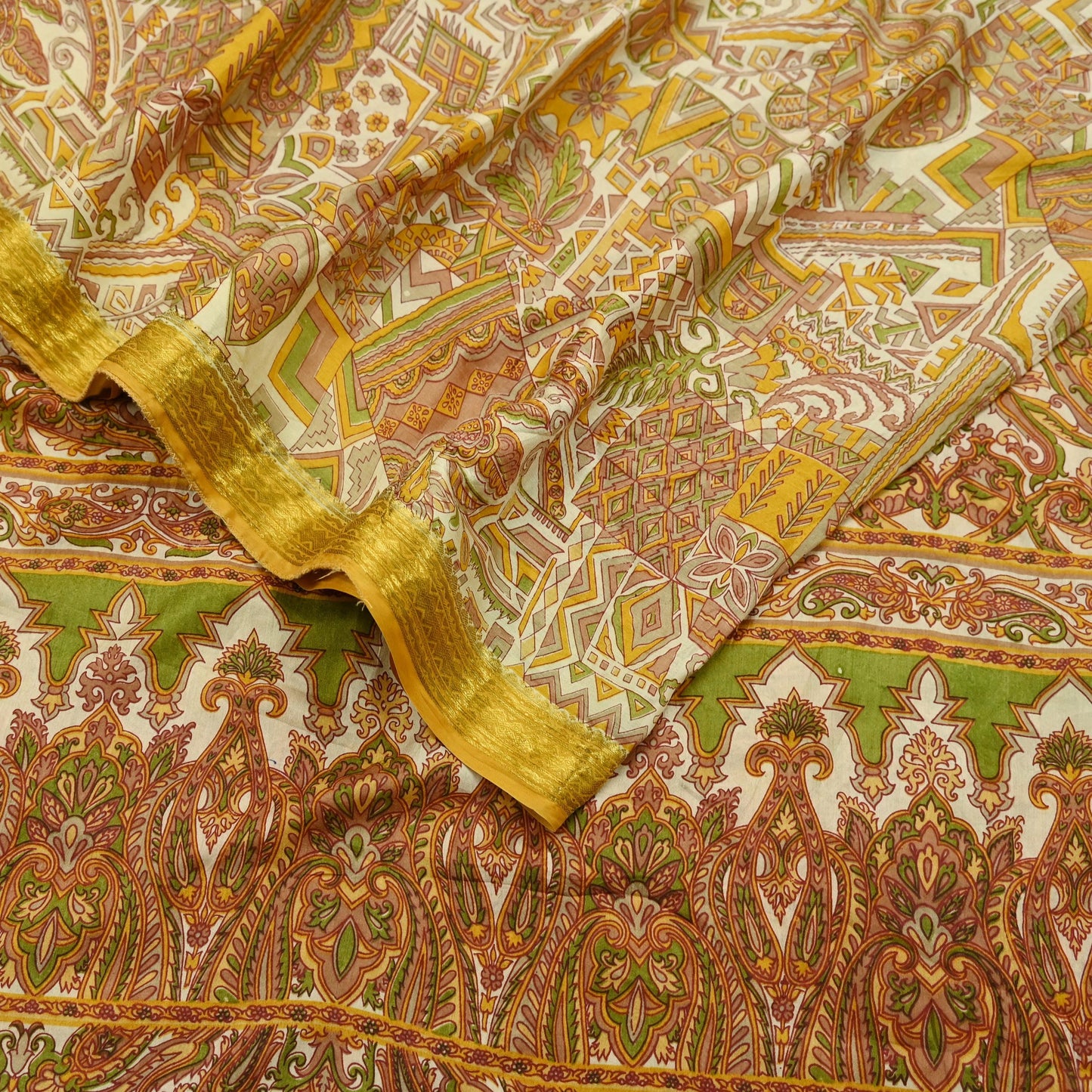 Indian Vintage Sari Ivory Pure Silk Printed Sarees Fabric 6yd Sewing Zari Border Craft Fabric DressMaking Soft Crafting Quilting