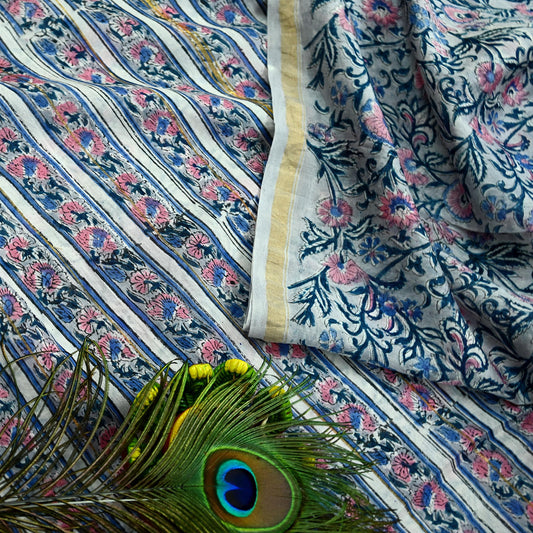 Indian Vintage Sari Pure chanderi Silk Bagru Printed Saree 5Yd Fabric Floral Soft Zari Border Ethnic Upcycle Crafting Dress making