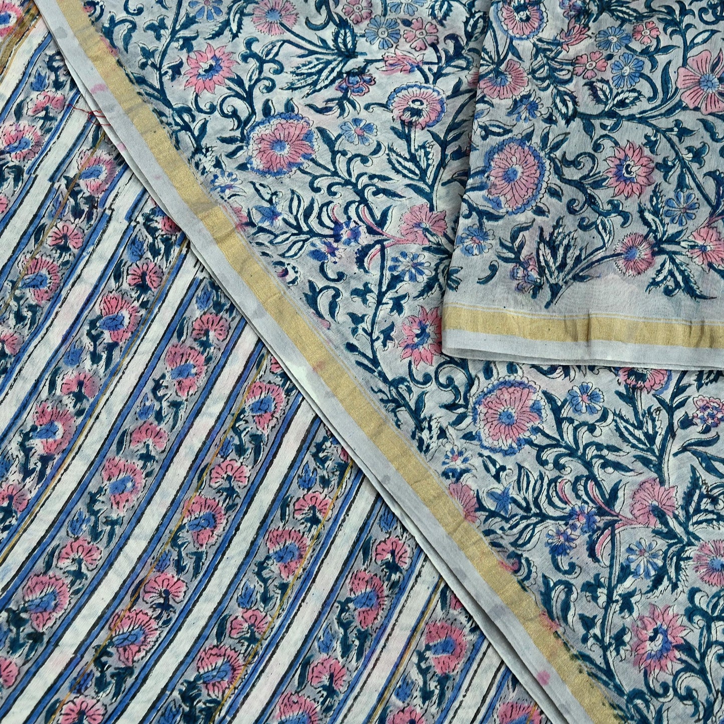 Indian Vintage Sari Pure chanderi Silk Bagru Printed Saree 5Yd Fabric Floral Soft Zari Border Ethnic Upcycle Crafting Dress making