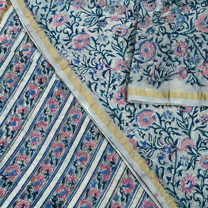 Indian Vintage Sari Pure chanderi Silk Bagru Printed Saree 5Yd Fabric Floral Soft Zari Border Ethnic Upcycle Crafting Dress making