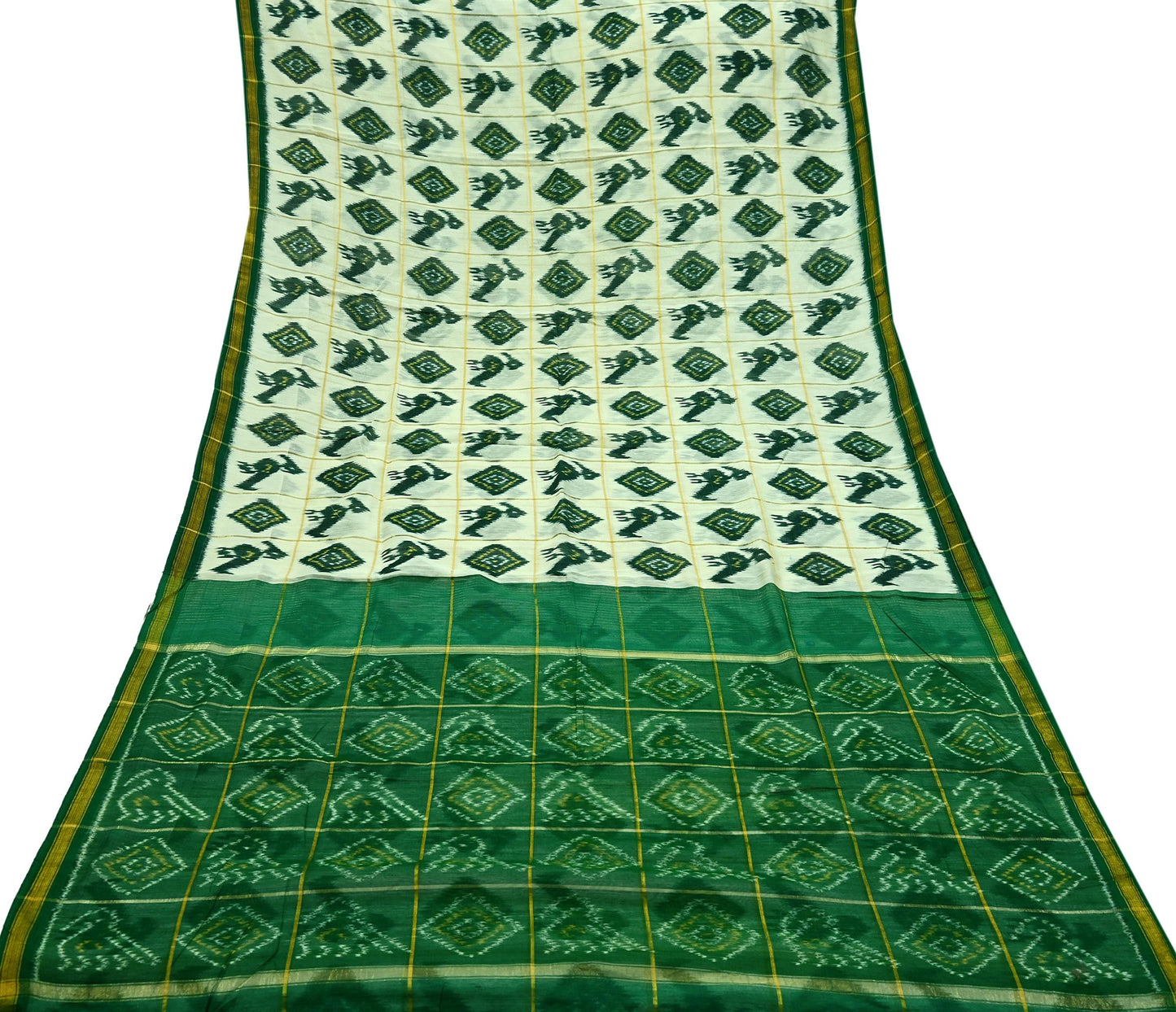 Indian Vintage Ivory & Green Saree Pure Silk Pochampally Hand Woven Ikat Sari Craft Fabric 5Yd Ethnic Zari Border Dress making Fringes