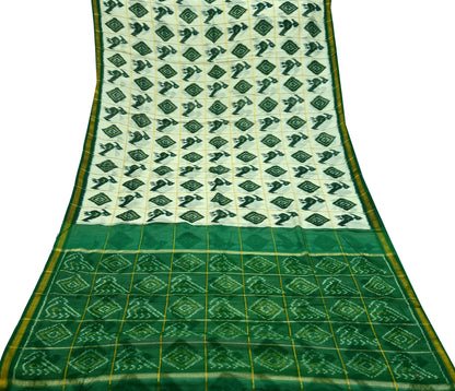 Indian Vintage Ivory & Green Saree Pure Silk Pochampally Hand Woven Ikat Sari Craft Fabric 5Yd Ethnic Zari Border Dress making Fringes