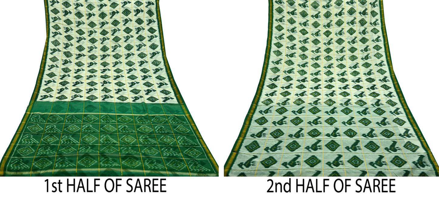 Indian Vintage Ivory & Green Saree Pure Silk Pochampally Hand Woven Ikat Sari Craft Fabric 5Yd Ethnic Zari Border Dress making Fringes