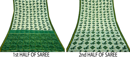 Indian Vintage Ivory & Green Saree Pure Silk Pochampally Hand Woven Ikat Sari Craft Fabric 5Yd Ethnic Zari Border Dress making Fringes