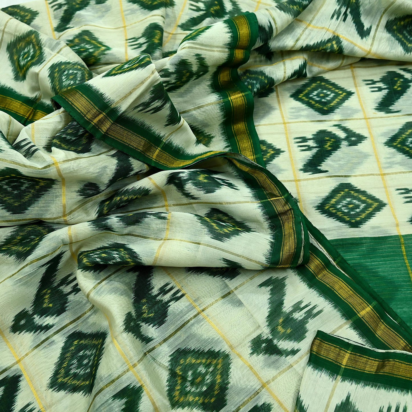 Indian Vintage Ivory & Green Saree Pure Silk Pochampally Hand Woven Ikat Sari Craft Fabric 5Yd Ethnic Zari Border Dress making Fringes