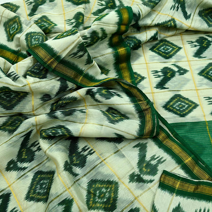 Indian Vintage Ivory & Green Saree Pure Silk Pochampally Hand Woven Ikat Sari Craft Fabric 5Yd Ethnic Zari Border Dress making Fringes
