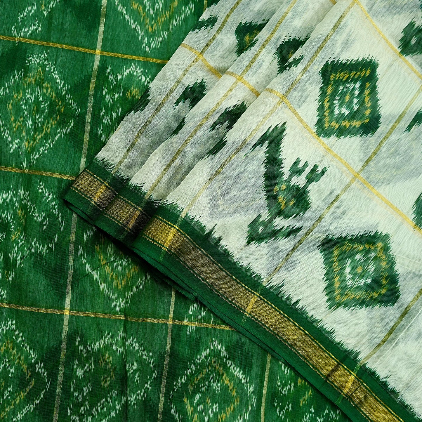 Indian Vintage Ivory & Green Saree Pure Silk Pochampally Hand Woven Ikat Sari Craft Fabric 5Yd Ethnic Zari Border Dress making Fringes