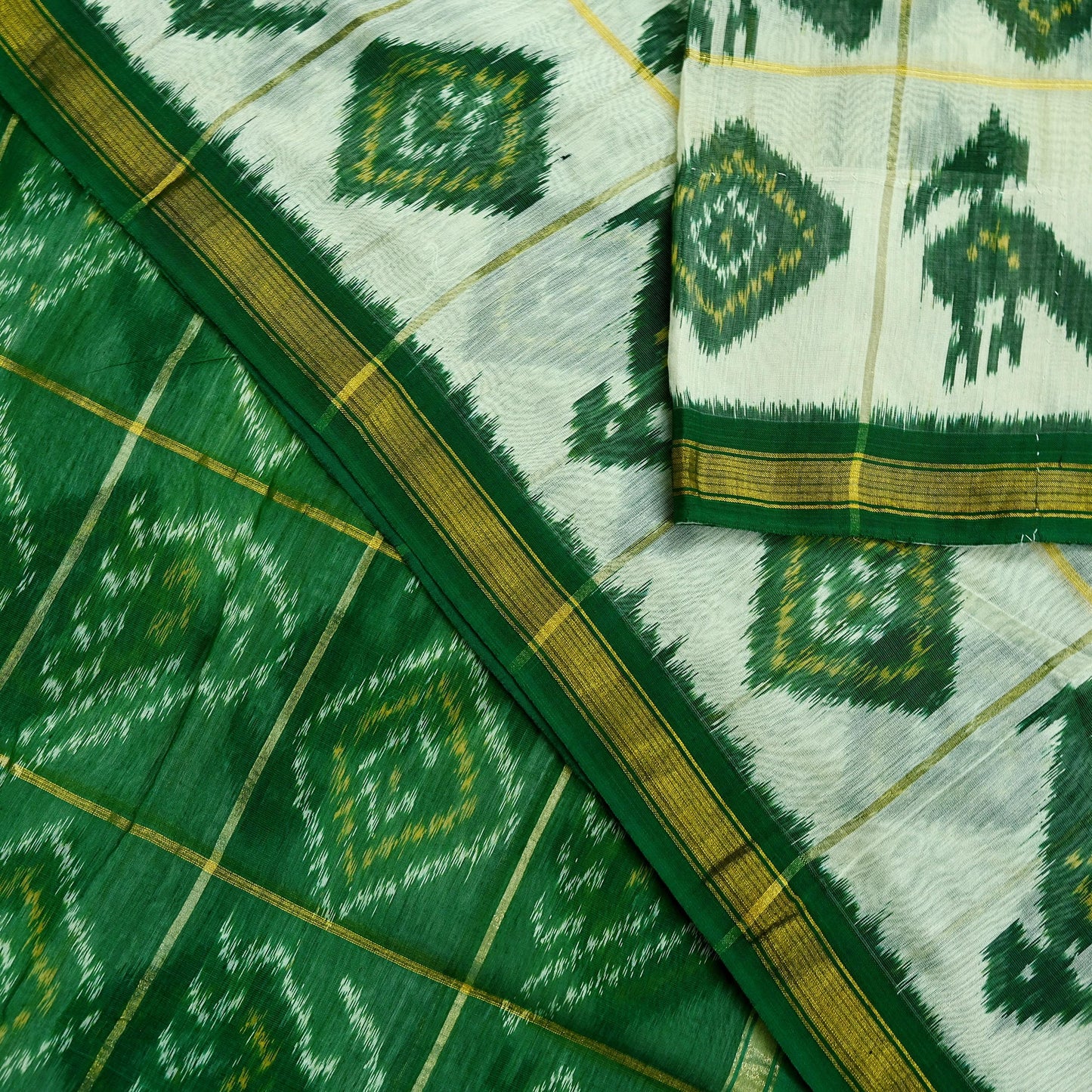 Indian Vintage Ivory & Green Saree Pure Silk Pochampally Hand Woven Ikat Sari Craft Fabric 5Yd Ethnic Zari Border Dress making Fringes
