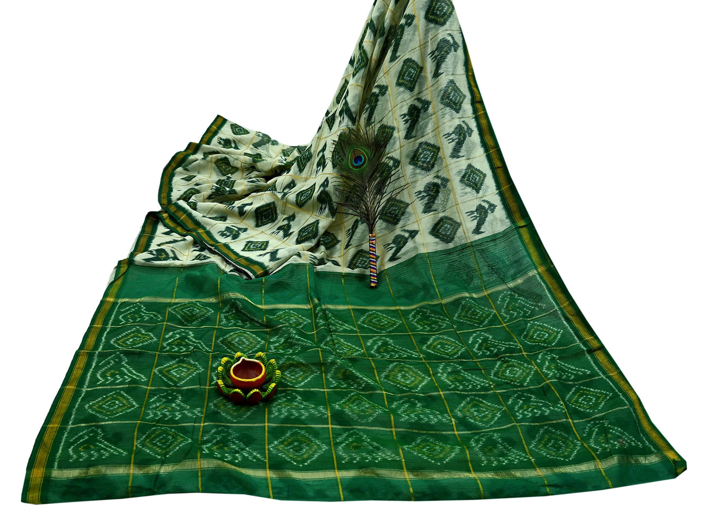 Indian Vintage Ivory & Green Saree Pure Silk Pochampally Hand Woven Ikat Sari Craft Fabric 5Yd Ethnic Zari Border Dress making Fringes