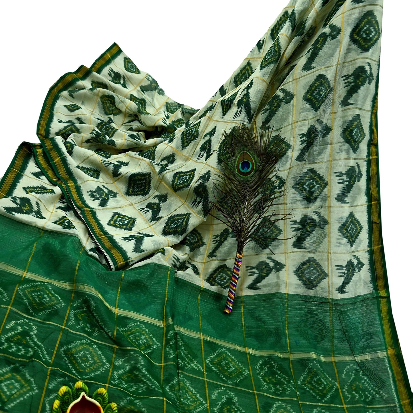 Indian Vintage Ivory & Green Saree Pure Silk Pochampally Hand Woven Ikat Sari Craft Fabric 5Yd Ethnic Zari Border Dress making Fringes
