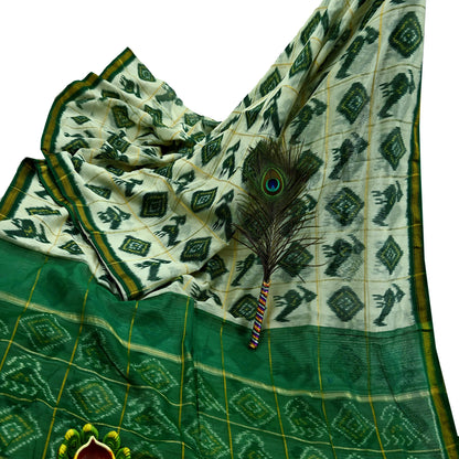 Indian Vintage Ivory & Green Saree Pure Silk Pochampally Hand Woven Ikat Sari Craft Fabric 5Yd Ethnic Zari Border Dress making Fringes