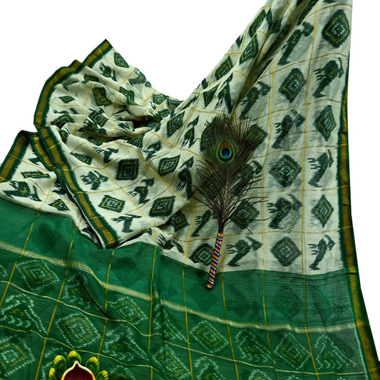 Indian Vintage Ivory & Green Saree Pure Silk Pochampally Hand Woven Ikat Sari Craft Fabric 5Yd Ethnic Zari Border Dress making Fringes