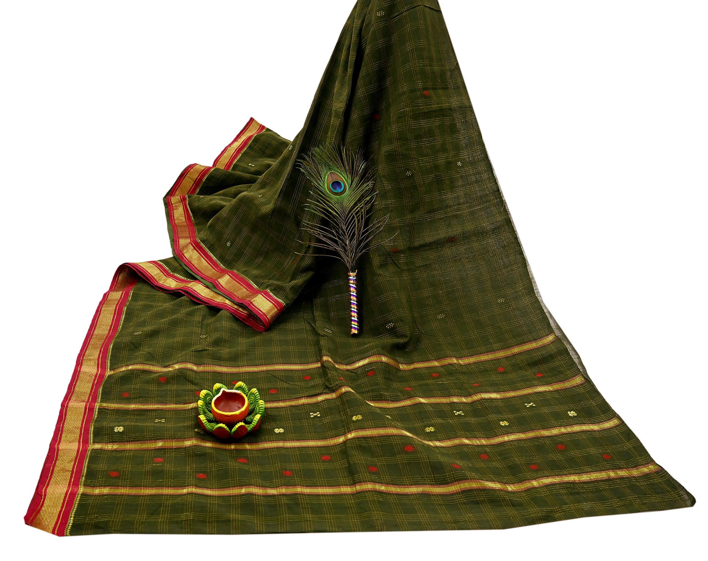 Indian Vintage Sari Green Pure Cotton Hand Woven Saree Craft Fabric 5yd Sewing Ethnic Soft Dress making Crafting Quilting Dress Designing