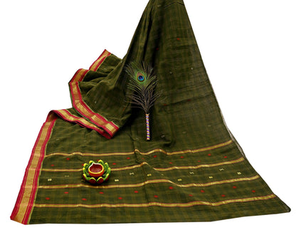 Indian Vintage Sari Green Pure Cotton Hand Woven Saree Craft Fabric 5yd Sewing Ethnic Soft Dress making Crafting Quilting Dress Designing