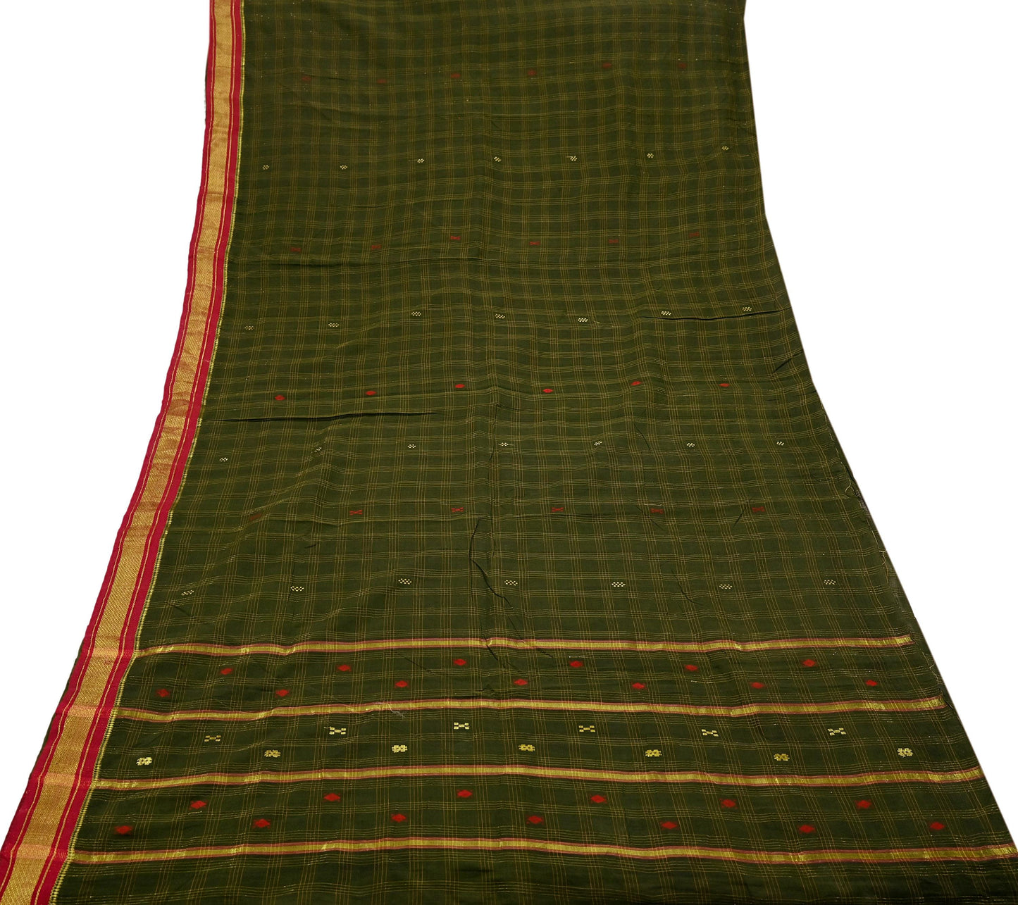 Indian Vintage Sari Green Pure Cotton Hand Woven Saree Craft Fabric 5yd Sewing Ethnic Soft Dress making Crafting Quilting Dress Designing