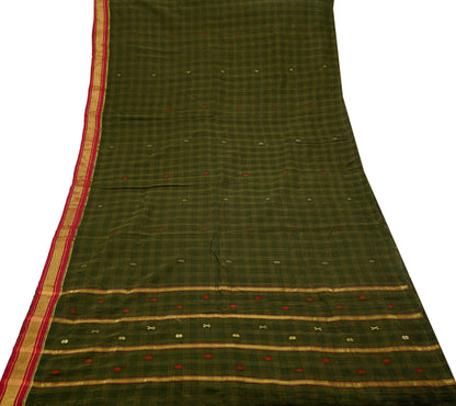 Indian Vintage Sari Green Pure Cotton Hand Woven Saree Craft Fabric 5yd Sewing Ethnic Soft Dress making Crafting Quilting Dress Designing