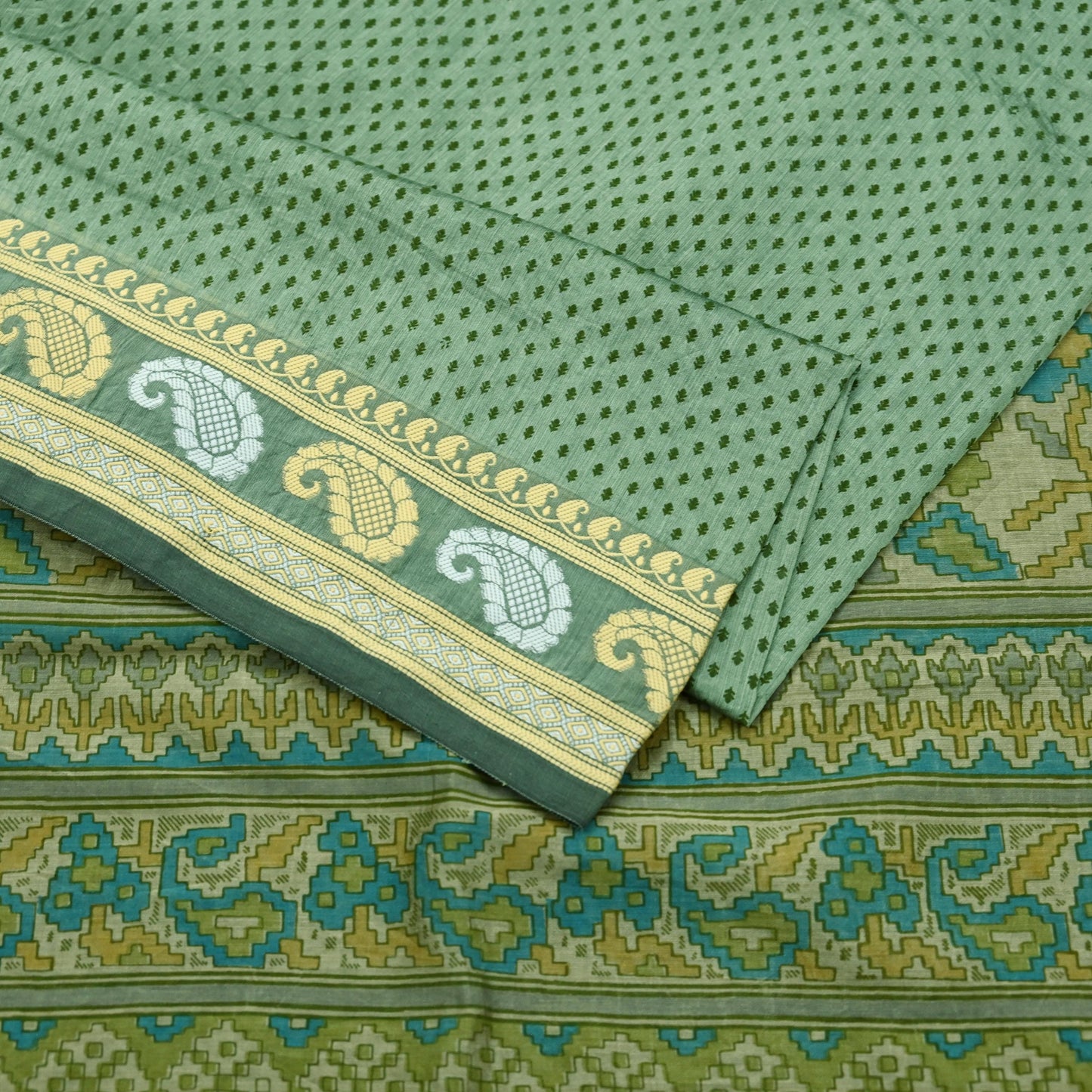 Indian Vintage Sari Green Block Printed Sari Chanderi Sarees Craft Fabric 5Yd Floral Soft Dress making Crafting Quilting