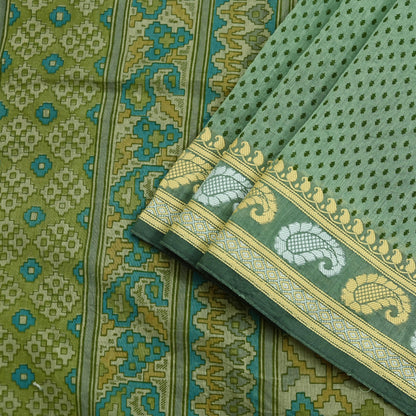 Indian Vintage Sari Green Block Printed Sari Chanderi Sarees Craft Fabric 5Yd Floral Soft Dress making Crafting Quilting