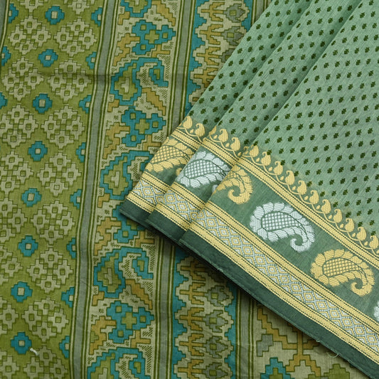 Indian Vintage Sari Green Block Printed Sari Chanderi Sarees Craft Fabric 5Yd Floral Soft Dress making Crafting Quilting