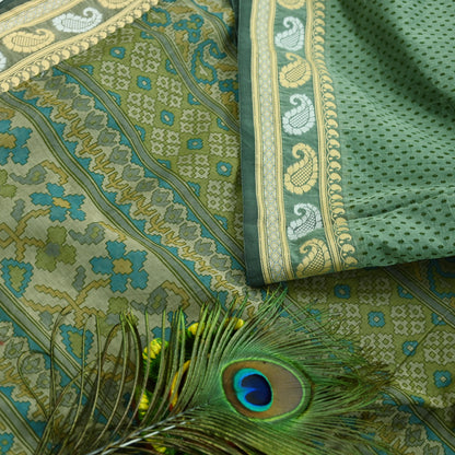 Indian Vintage Sari Green Block Printed Sari Chanderi Sarees Craft Fabric 5Yd Floral Soft Dress making Crafting Quilting