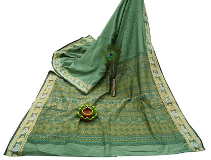 Indian Vintage Sari Green Block Printed Sari Chanderi Sarees Craft Fabric 5Yd Floral Soft Dress making Crafting Quilting