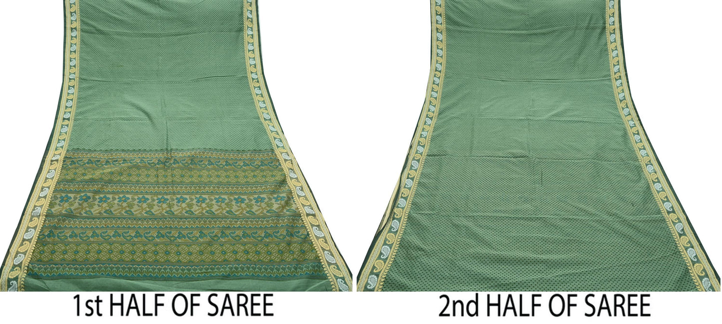 Indian Vintage Sari Green Block Printed Sari Chanderi Sarees Craft Fabric 5Yd Floral Soft Dress making Crafting Quilting