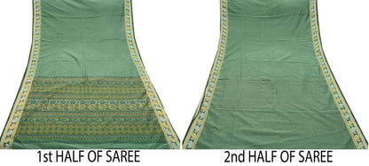 Indian Vintage Sari Green Block Printed Sari Chanderi Sarees Craft Fabric 5Yd Floral Soft Dress making Crafting Quilting