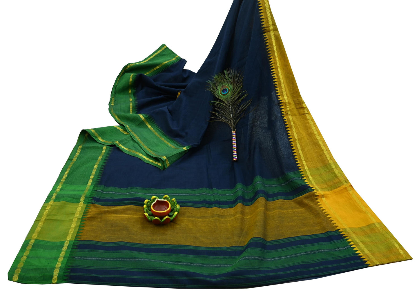 Indian Vintage Sari Blue Pure Cotton Hand Woven Saree Zari 5Yd Craft Fabric Floral Dress making Crafting Quilting Sarong